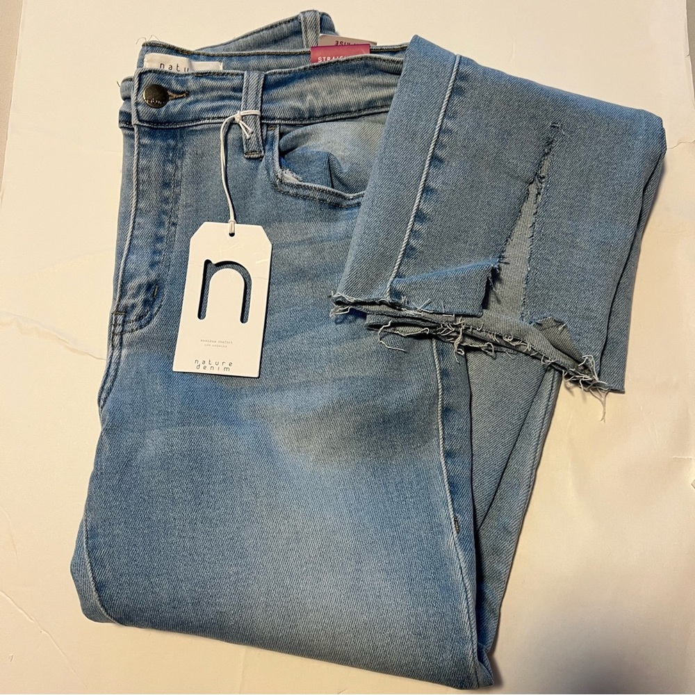 Nature Denim Straight High Rise Split Hem Jeans